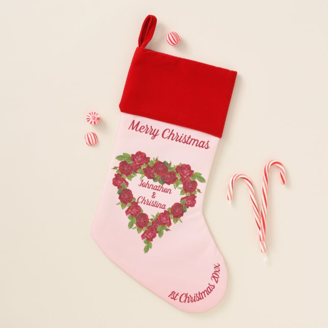 First Christmas Together Heart Wreath Red Roses Christmas Stocking (Front)