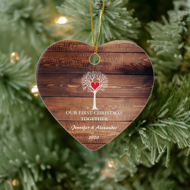 First Christmas together love tree rustic wood Ceramic Ornament (Tree)