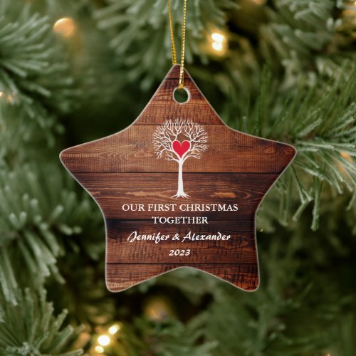 First Christmas together love tree rustic wood Ceramic Ornament