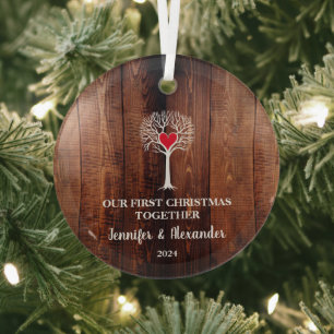 First Christmas together love tree rustic wood Glass Ornament
