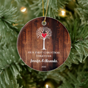 First Christmas together love tree wood photo Ceramic Ornament