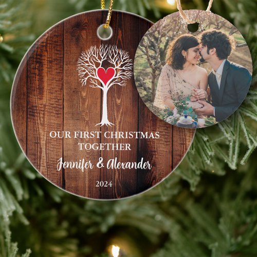 First Christmas together love tree wood photo Ceramic Ornament