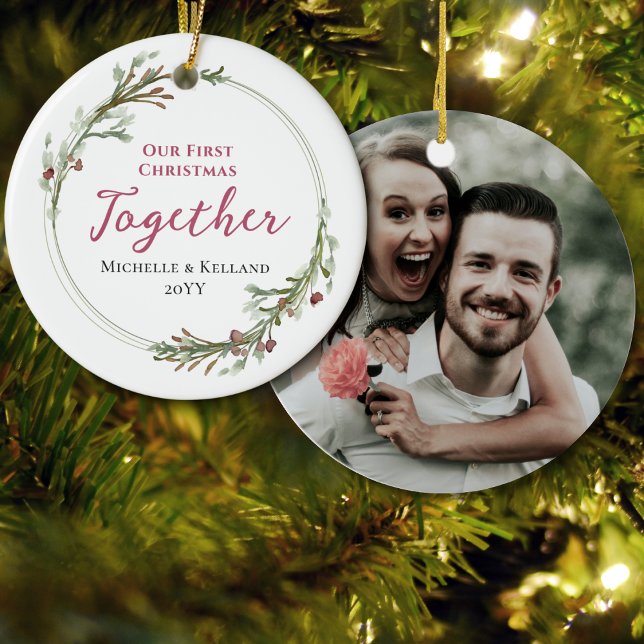 First Christmas Together Minimal Wreath Photo Ceramic Ornament (Creator Uploaded)