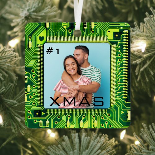    First Christmas Together Modern Microchip Photo Metal Ornament