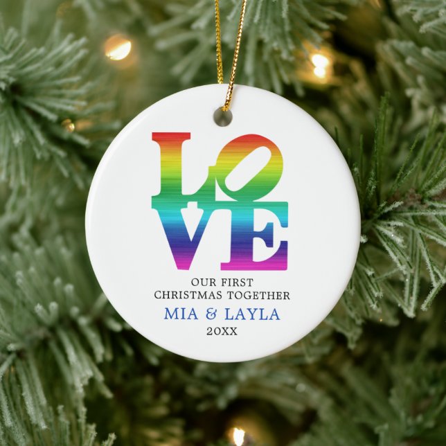 First Christmas Together Personalized Rainbow LOVE Ceramic Ornament (Tree)