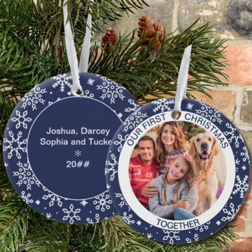 First Christmas Together Photo Blue Snowflake Ceramic Ornament