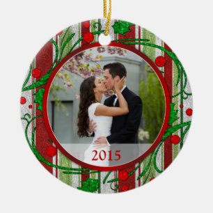 First Christmas Together Photo Candy Stripes Ceramic Ornament