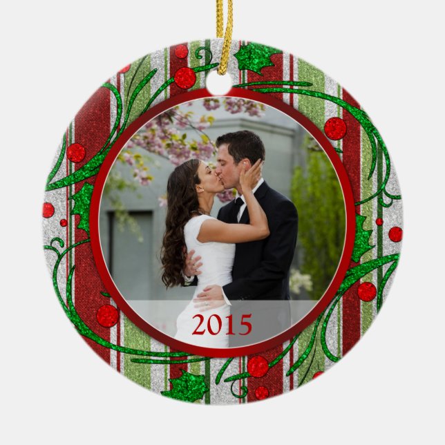 First Christmas Together Photo Candy Stripes Ceramic Ornament (Front)