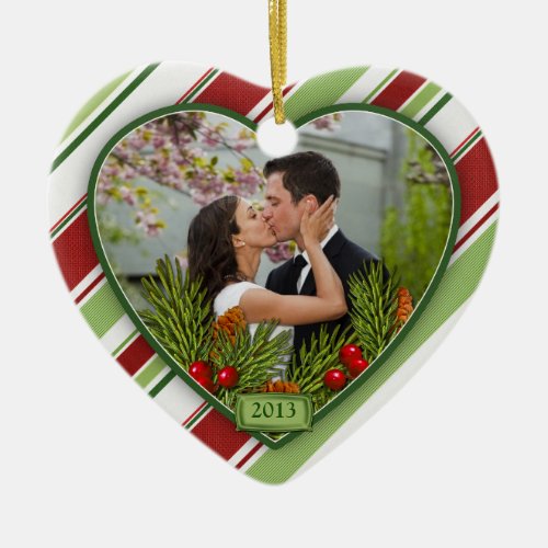 First Christmas Together Photo Candy Stripes Ceramic Ornament