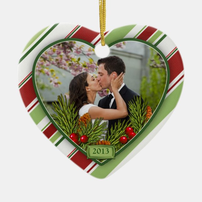 First Christmas Together Photo Candy Stripes Ceramic Ornament (Front)