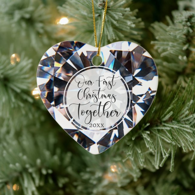 First Christmas Together Photo Crystal Heart Ceramic Ornament (Tree)