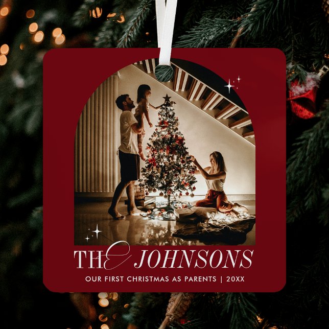 First Christmas Together Photo Elegant Red Script Metal Ornament (Elegant red & white Christmas ornament with space for your photo and name)