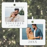 First Christmas Together Photo Keepsake Metal Ornament<br><div class="desc">This square Christmas ornament is a simple and elegant way to celebrate your first holiday season together as a couple. It features a horizontal photo on each side, both framed with a clean white border around the edges for a polished look. On the front, "Our First Christmas Together" is written...</div>