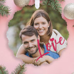 First Christmas together photo love script modern Ornament Card<br><div class="desc">Upload your favorite photo (preferably square),  insert your text,  names,  and date,  and make these trendy modern pink Christmas tree ornament card a keepsake gift to remind you of your relationship,  engagement,  wedding,  or any other couple's anniversary!</div>