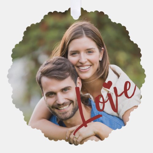 First Christmas together photo love script red Ornament Card