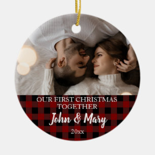 First Christmas together Photo red plaid Ceramic Ornament