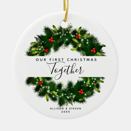 First Christmas Together Red Berry Wreath Names Ceramic Ornament