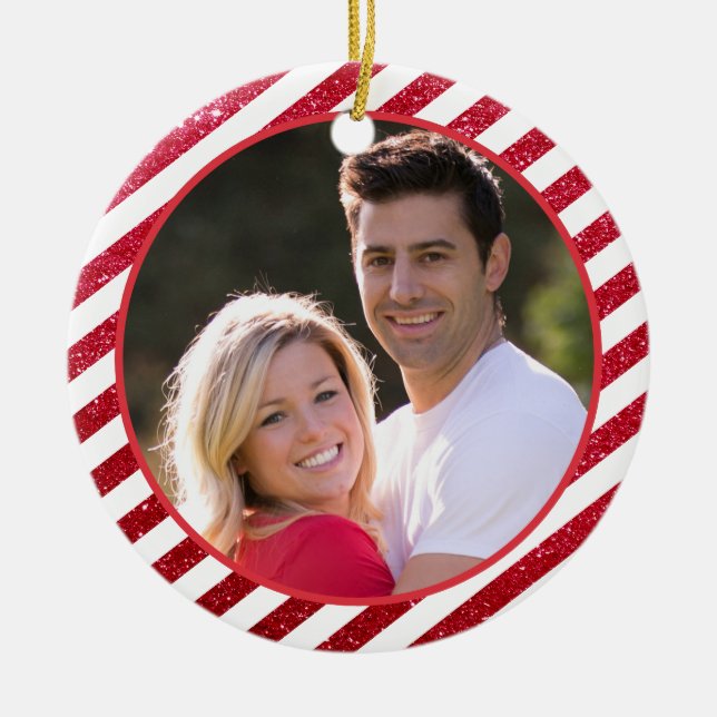 First Christmas Together Red White Photo Couple Ceramic Ornament (Front)