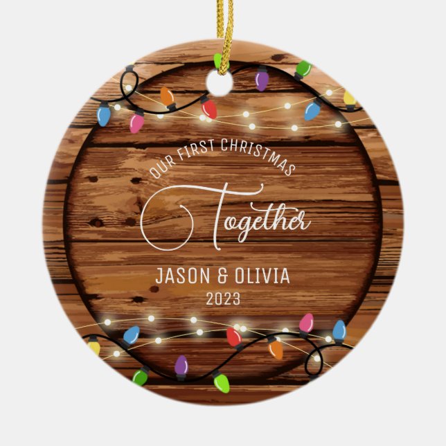First Christmas Together Rustic String Light Photo Ceramic Ornament (Front)