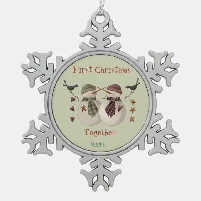 First Christmas Together Snow Couple ~ Snowflake Pewter Christmas Ornament (Front)