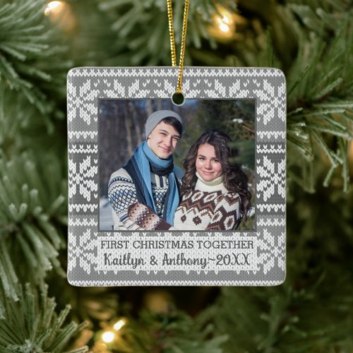 First Christmas Together Snowflake Sweater 2 Photo Ceramic Ornament