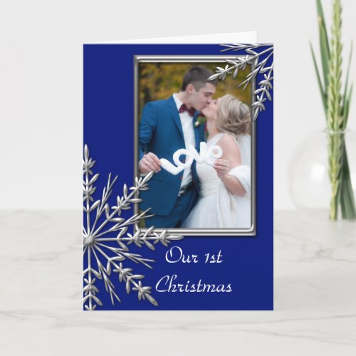 First Christmas Together Snowflakes on Blue Photo Holiday Card