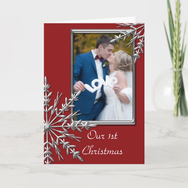 First Christmas Together Snowflakes on Red Photo Holiday Card (Front)