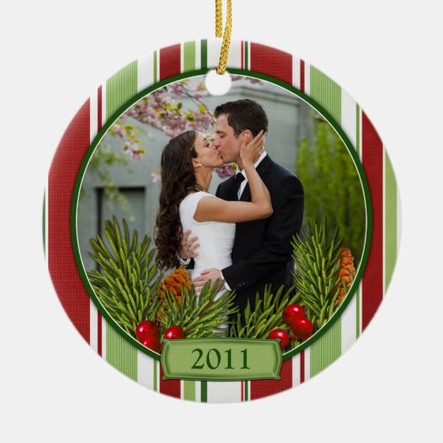 First Christmas Together Stripes Boughs Photo Ceramic Ornament (Front)