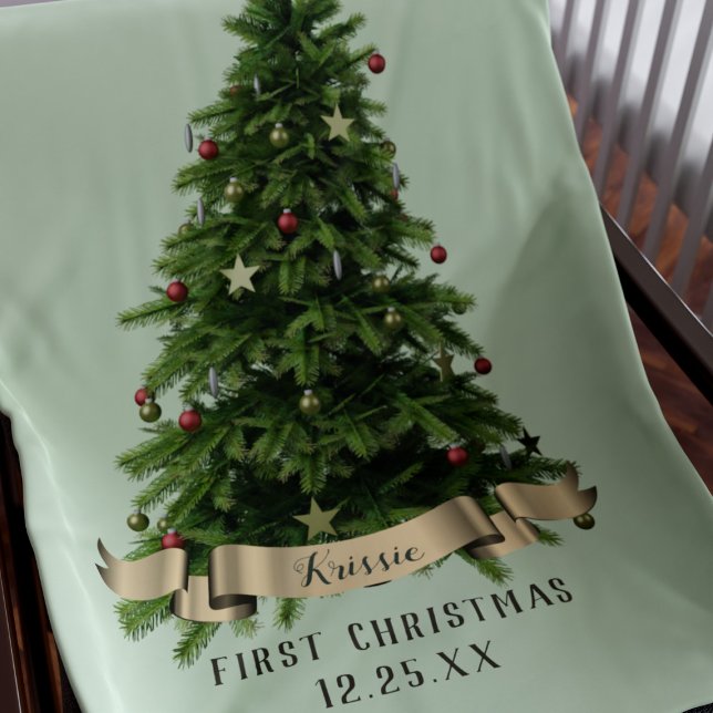 First Christmas Tree Cute Sage Green Baby Blanket (Add your baby's name to this cute First Christmas tree blanket. Perfect for festive snuggles)