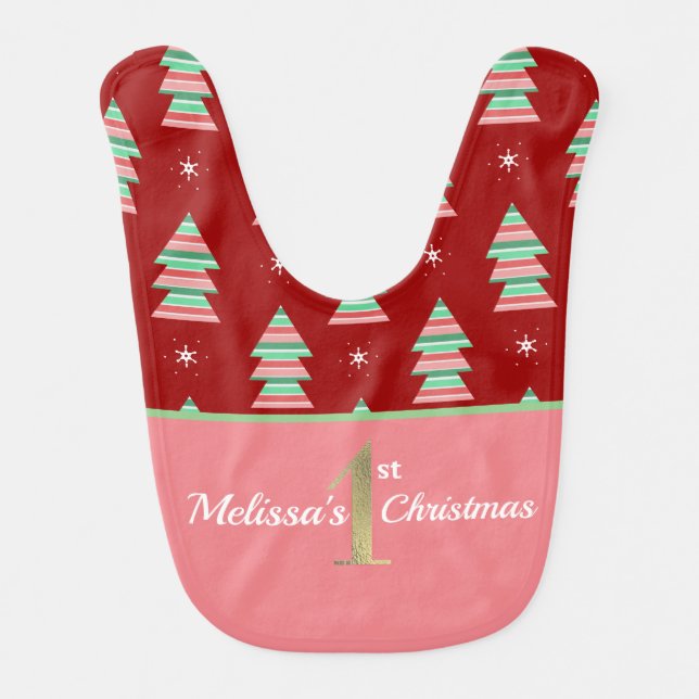 First Christmas Tree Foil Stripe Baby Bib (Front)