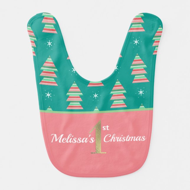 First Christmas Tree  Foil Stripe Baby Bib (Front)