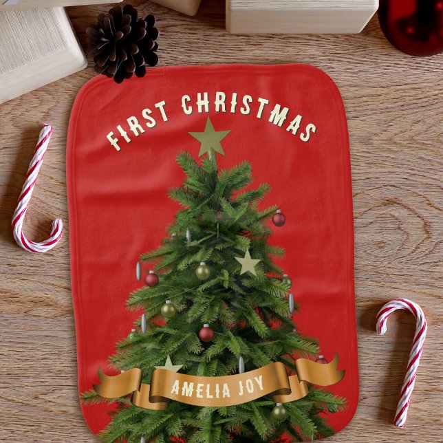 First Christmas Tree Name Cute Red Baby Burp Cloth (Add your little one's name to this cute festive first Christmas burp cloth)