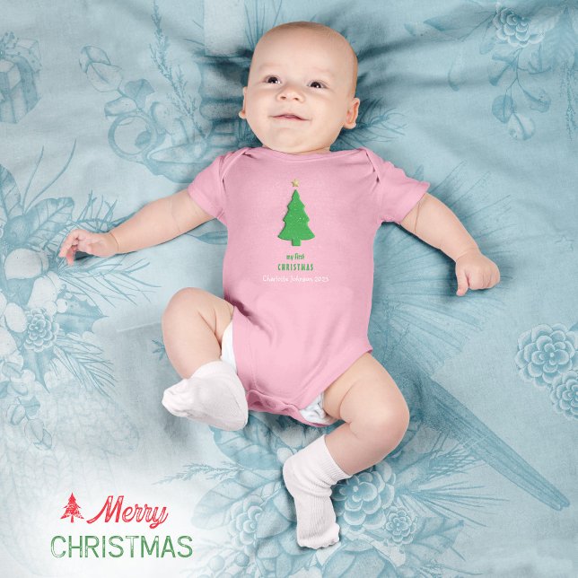 First Christmas Tree Star Snow Cute Simple Baby Bodysuit (Merry Christmas Green Tree Star Snow Minimalist Baby Bodysuit ©Susanne Sachers - Sunny Mind 🌞)