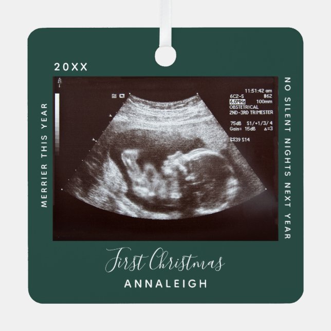 First Christmas Ultrasound Photo Merrier Holiday Metal Ornament (Front)