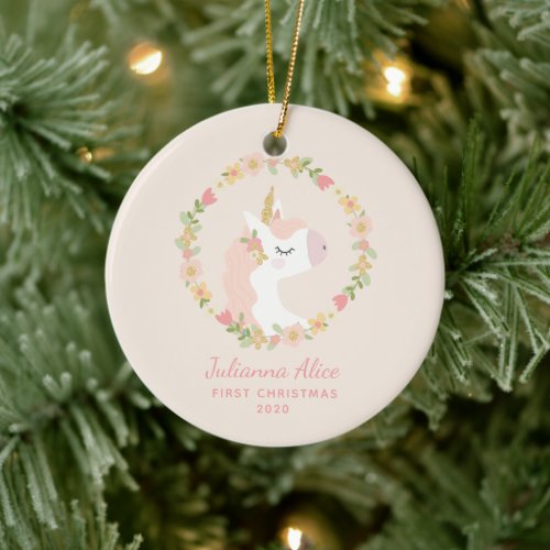 First Christmas Unicorn Floral Wreath Custom Name Ceramic Ornament