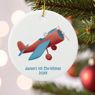First Christmas Vintage Airplane Red Blu Pilot Boy Ceramic Ornament