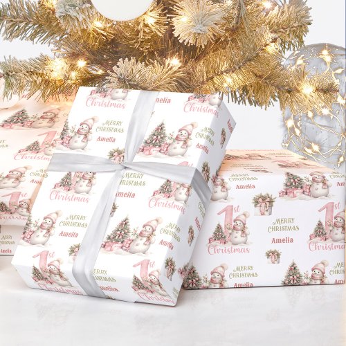 First Christmas Vintage Snowman Girl Name Wrapping Paper
