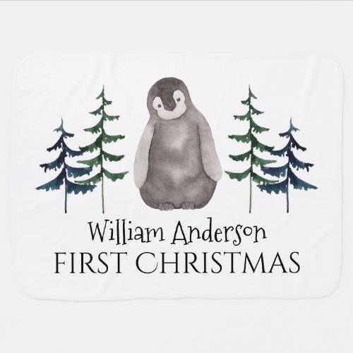 First Christmas Watercolor Baby Penguin and Tree  Baby Blanket