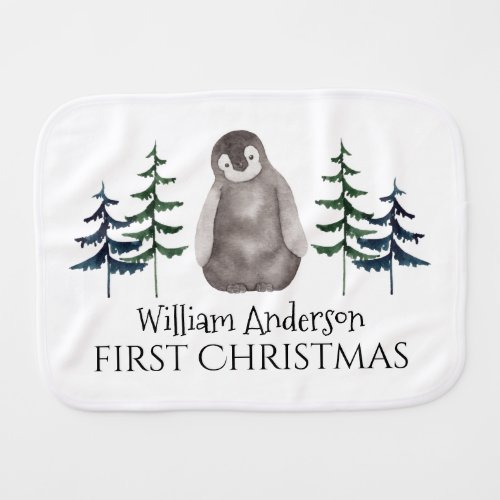 First Christmas Watercolor Baby Penguin and Tree   Baby Burp Cloth