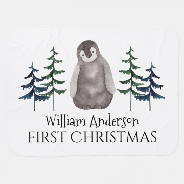 First Christmas Watercolor Baby Penguin and Tree  Blanket (Horizontal)