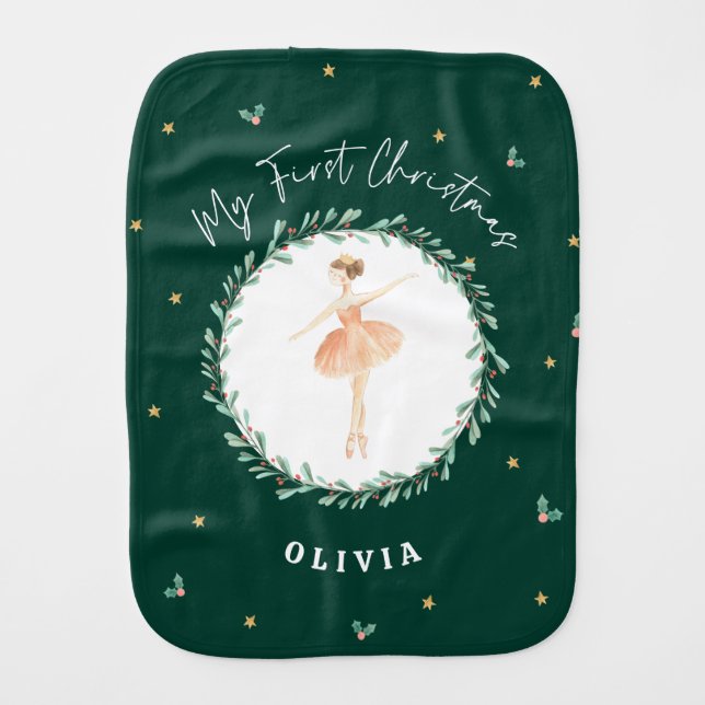 First Christmas watercolor ballerina green Baby Burp Cloth (Front)