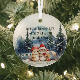 First Christmas Watercolor Camping Newlyweds Glass Ornament