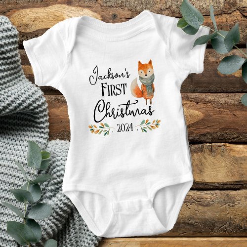 First Christmas Watercolor Cute Fox Baby Bodysuit