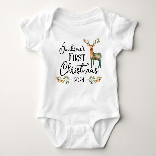 First Christmas Watercolor Deer Baby Bodysuit
