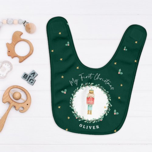 First Christmas watercolor nutcracker green Baby Bib