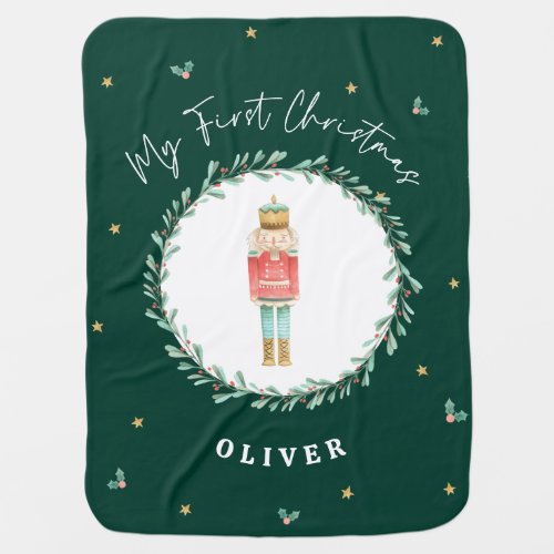 First Christmas watercolor nutcracker green Baby Blanket