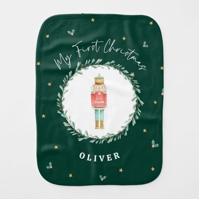 First Christmas watercolor nutcracker green Baby Burp Cloth (Front)