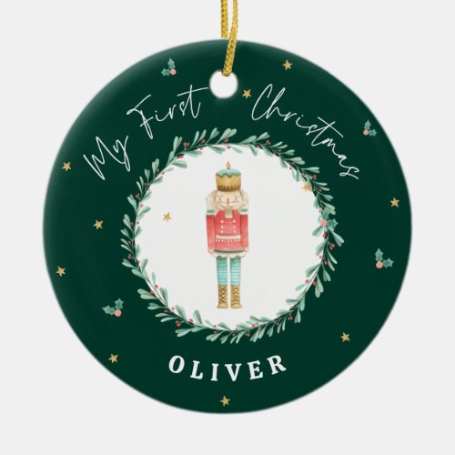 First Christmas watercolor nutcracker green Ceramic Ornament