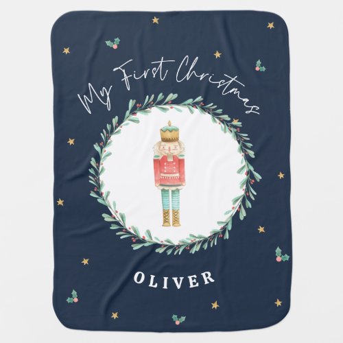 First Christmas watercolor nutcracker navy blue Baby Blanket