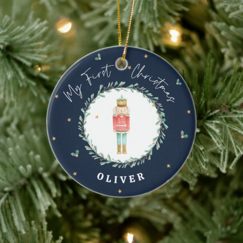 First Christmas watercolor nutcracker navy blue Ceramic Ornament